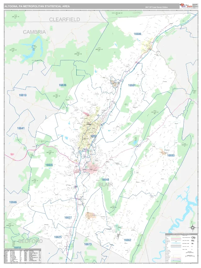 Altoona Metro Area ZIP Code Wall Map, Classic style