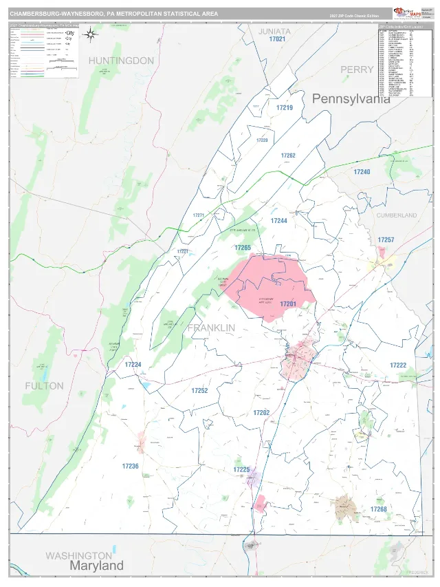 Chambersburg-Waynesboro Metro Area ZIP Code Wall Map, Classic style