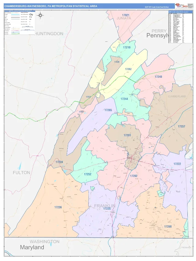 Chambersburg-Waynesboro Metro Area ZIP Code Wall Map, ColorCast style
