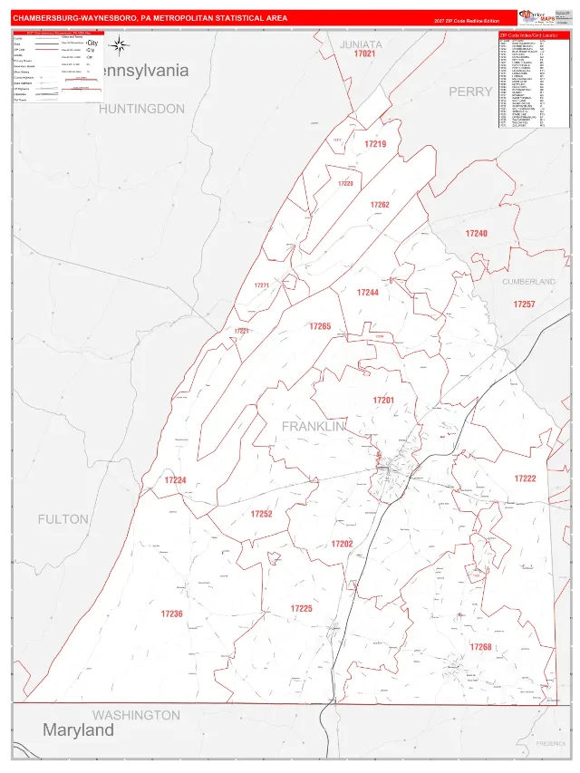 Chambersburg-Waynesboro Metro Area ZIP Code Wall Map, RedLine style