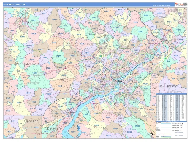 Delaware Valley Metro Area ZIP Code Wall Map, ColorCast style