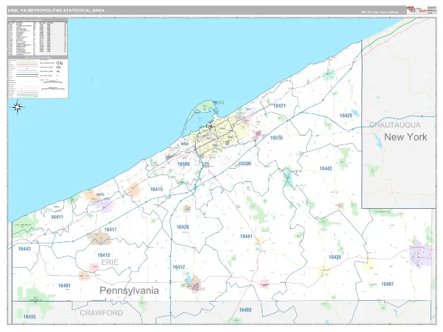 Erie Metro Area ZIP Code Wall Map, Classic style