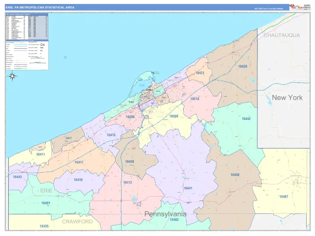 Erie Metro Area ZIP Code Wall Map, ColorCast style