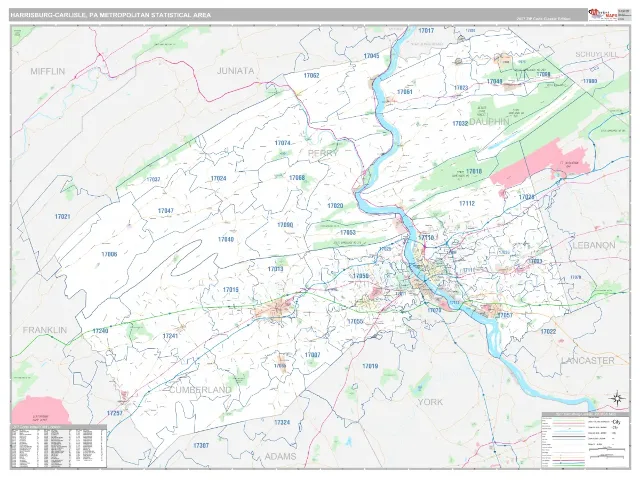 Harrisburg-Carlisle Metro Area ZIP Code Wall Map, Classic style