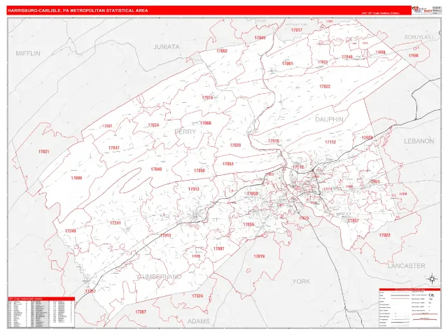 Harrisburg-Carlisle Metro Area ZIP Code Wall Map, RedLine style