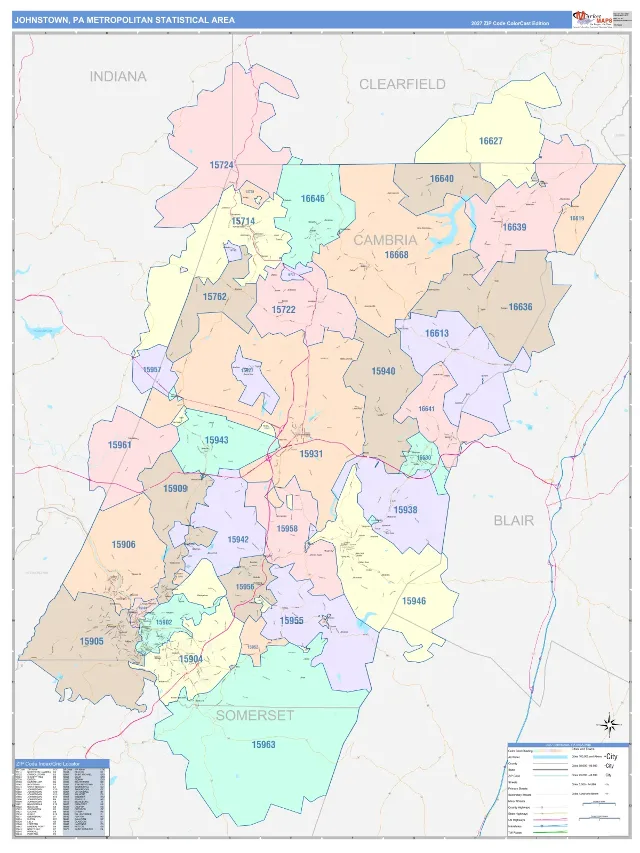 Johnstown Metro Area ZIP Code Wall Map, ColorCast style