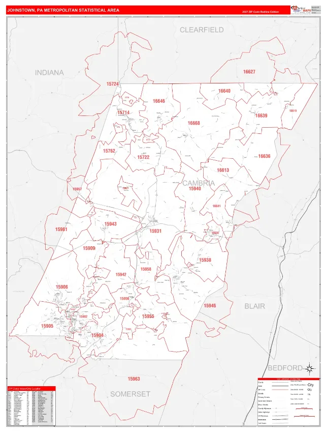 Johnstown Metro Area ZIP Code Wall Map, RedLine style
