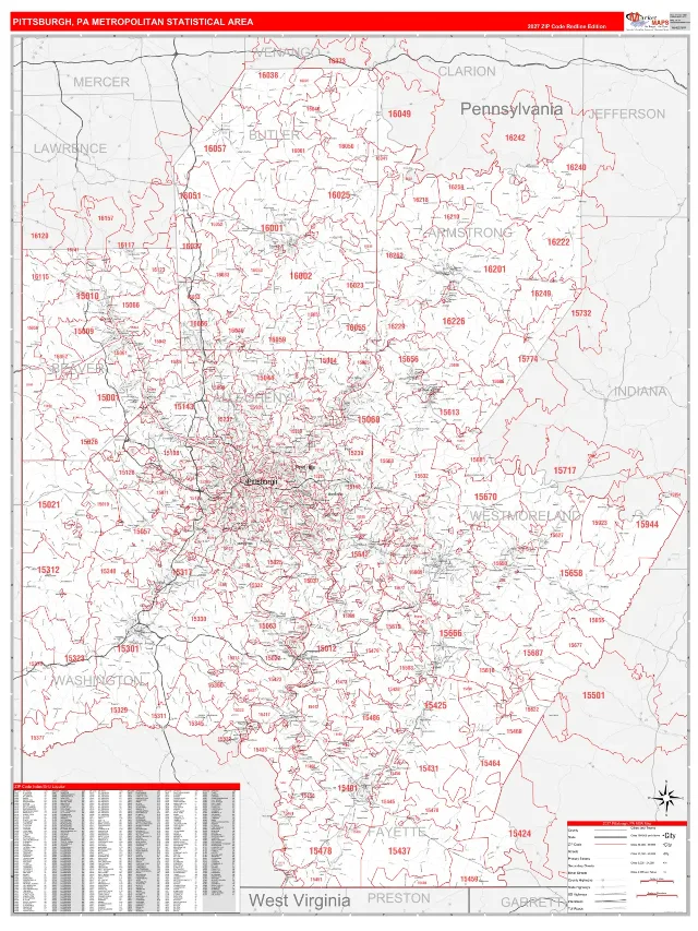 Pittsburgh Metro Area ZIP Code Wall Map, RedLine style
