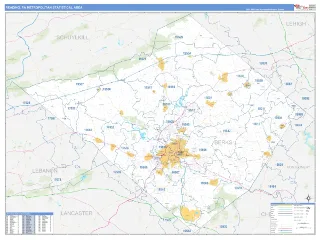 Reading Metro Area Business Reference style ZIP Code wall map