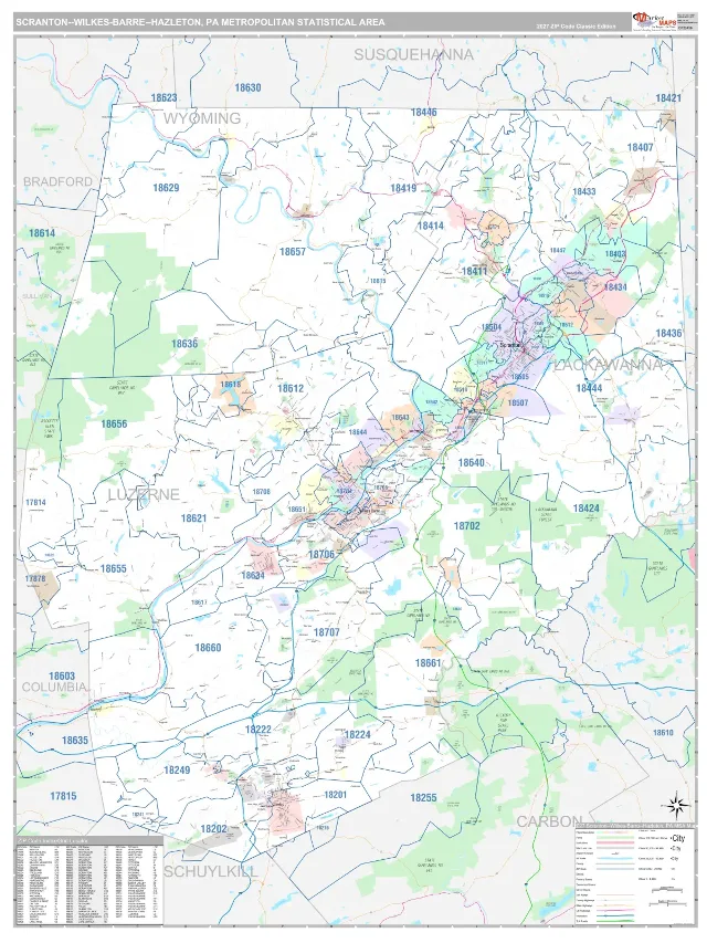 Scranton–Wilkes-Barre–Hazleton Metro Area ZIP Code Wall Map, Classic style