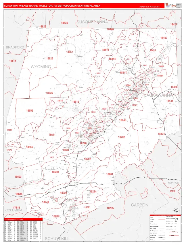 Scranton–Wilkes-Barre–Hazleton Metro Area ZIP Code Wall Map, RedLine style