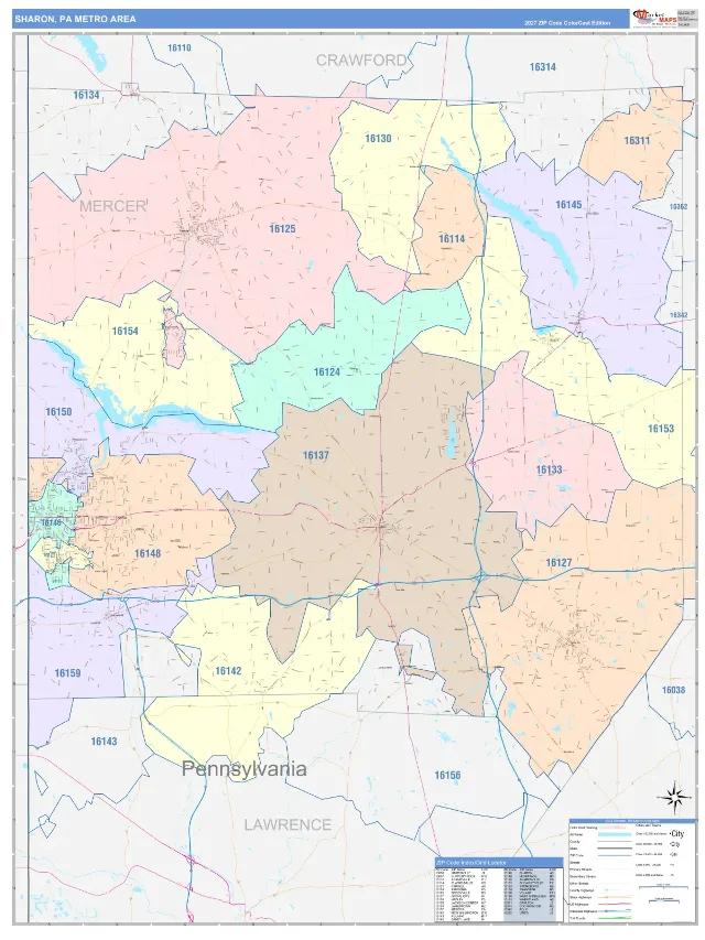 Sharon Metro Area ZIP Code Wall Map, ColorCast style