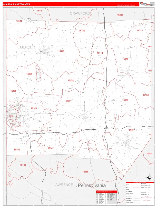 Sharon Metro Area ZIP Code Wall Map, RedLine style
