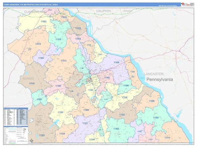 York-Hanover Metro Area ZIP Code Wall Map, ColorCast style