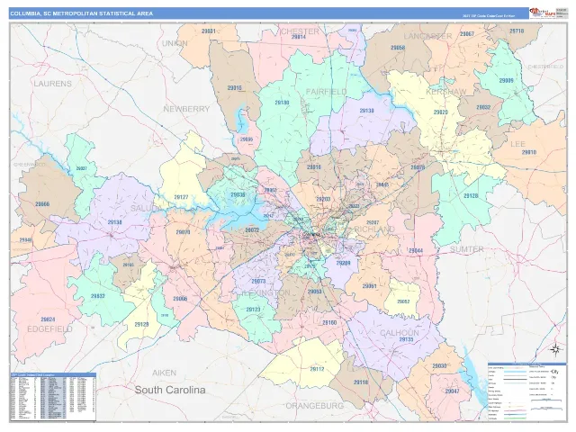 Columbia Metro Area ZIP Code Wall Map, ColorCast style