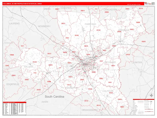 Columbia Metro Area ZIP Code Wall Map, RedLine style