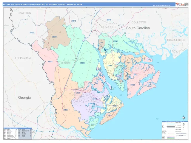 Hilton Head Island-Bluffton-Beaufort Metro Area ZIP Code Wall Map, ColorCast style