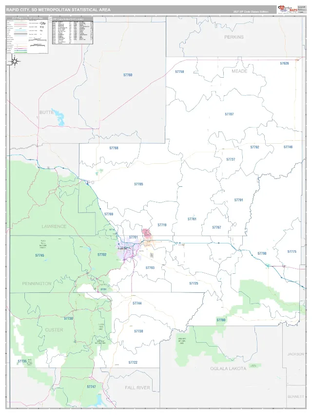 Rapid City Metro Area ZIP Code Wall Map, Classic style