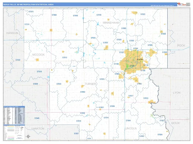 Sioux Falls Metro Area ZIP Code Wall Map, Business Reference style
