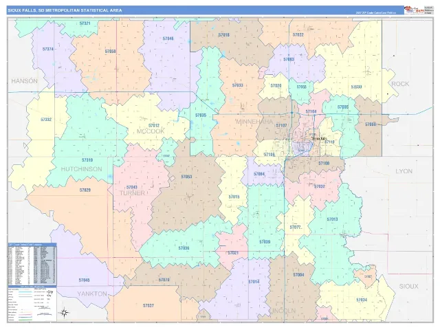 Sioux Falls Metro Area ZIP Code Wall Map, ColorCast style