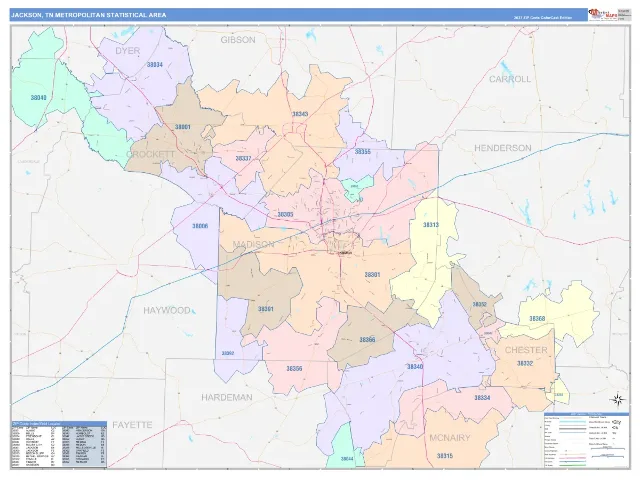 Jackson Metro Area ZIP Code Wall Map, ColorCast style