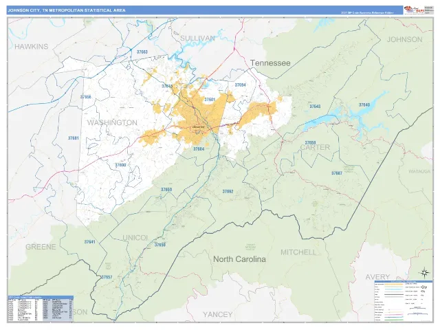 Johnson City Metro Area ZIP Code Wall Map, Business Reference style