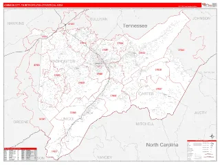 Johnson City Metro Area RedLine style ZIP Code wall map