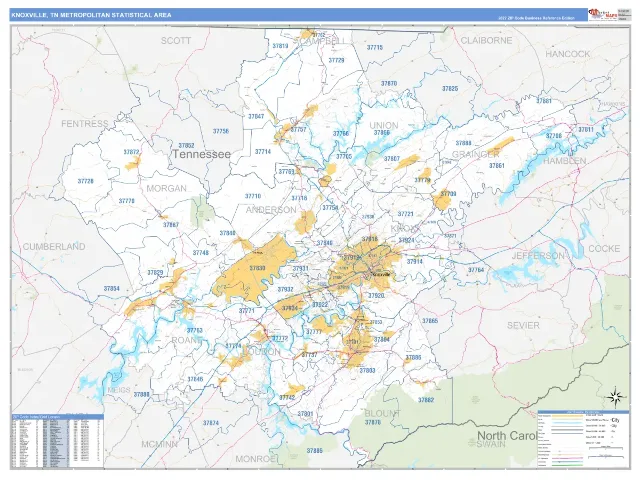 Knoxville Metro Area ZIP Code Wall Map, Business Reference style