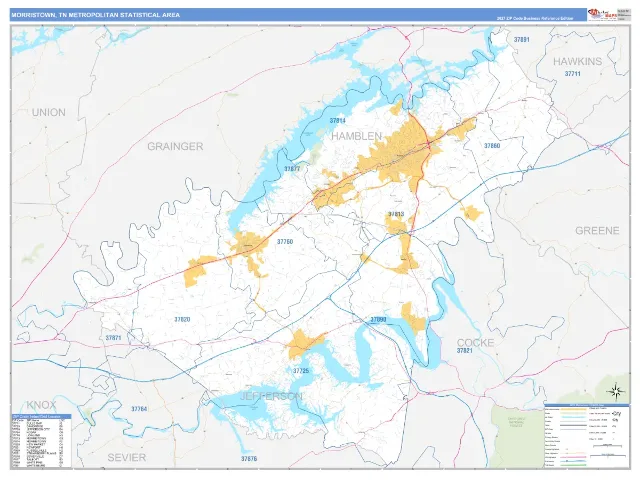 Morristown Metro Area ZIP Code Wall Map, Business Reference style
