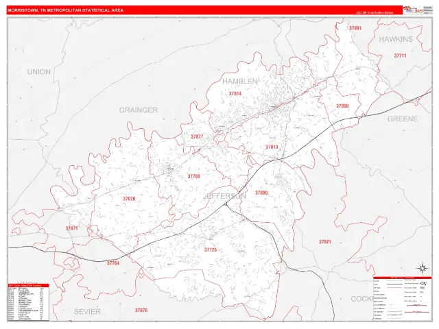 Morristown Metro Area ZIP Code Wall Map, RedLine style