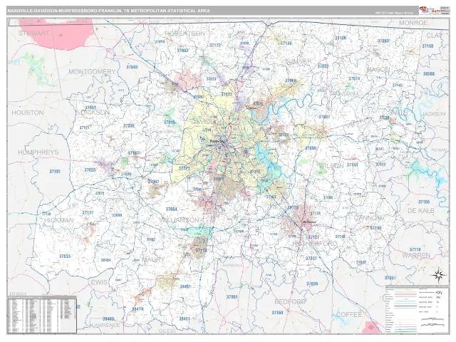 Nashville-Davidson–Murfreesboro–Franklin Metro Area ZIP Code Wall Map, Classic style