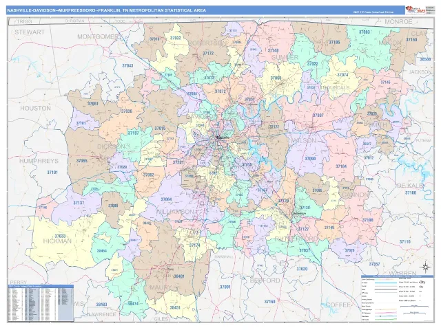 Nashville-Davidson–Murfreesboro–Franklin Metro Area ZIP Code Wall Map, ColorCast style