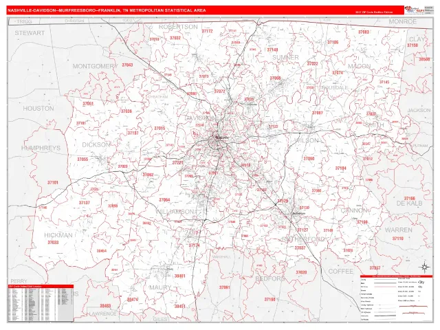 Nashville-Davidson–Murfreesboro–Franklin Metro Area ZIP Code Wall Map, RedLine style