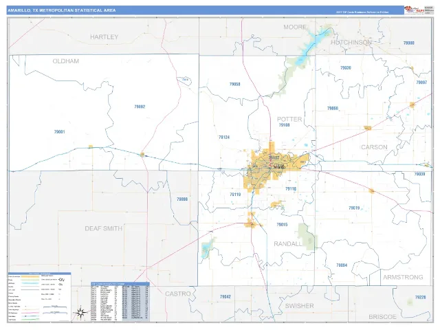 Amarillo Metro Area ZIP Code Wall Map, Business Reference style