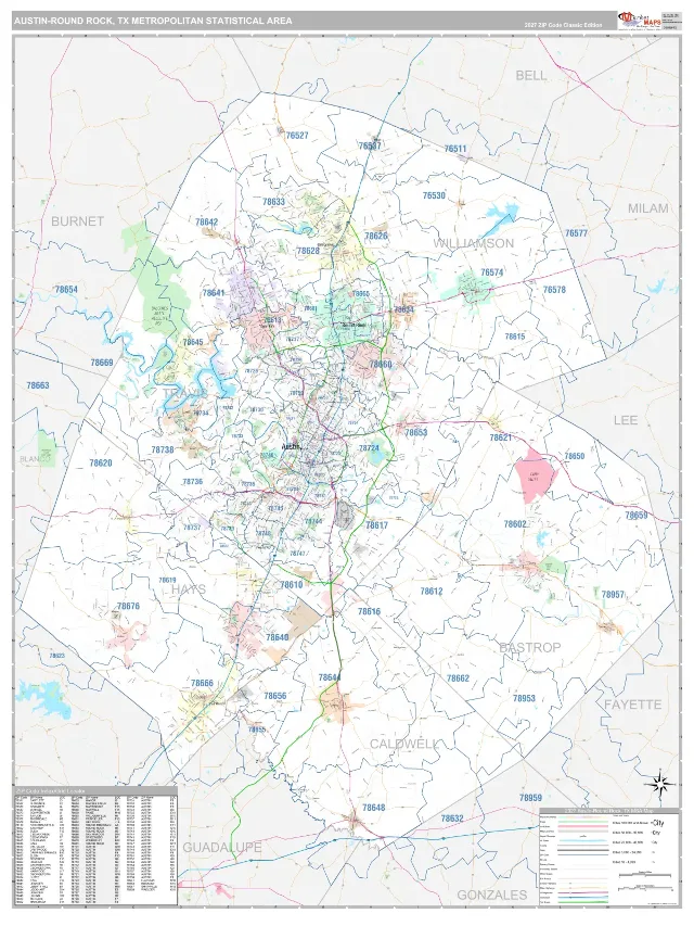 Austin-Round Rock Metro Area ZIP Code Wall Map, Classic style