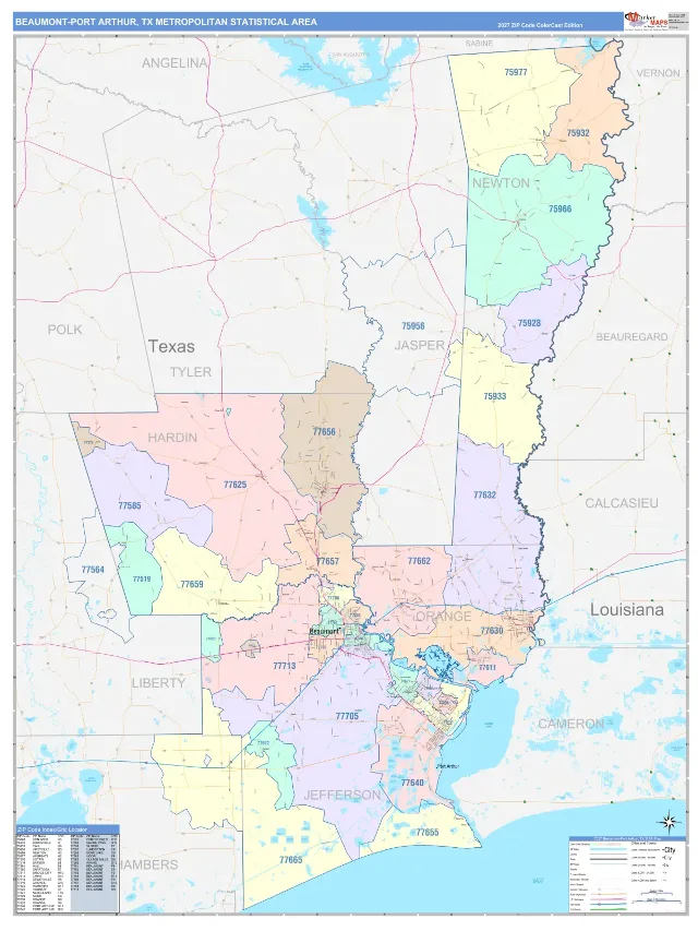 Beaumont-Port Arthur Metro Area ZIP Code Wall Map, ColorCast style