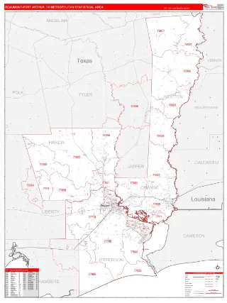 Beaumont-Port Arthur Metro Area RedLine style ZIP Code wall map