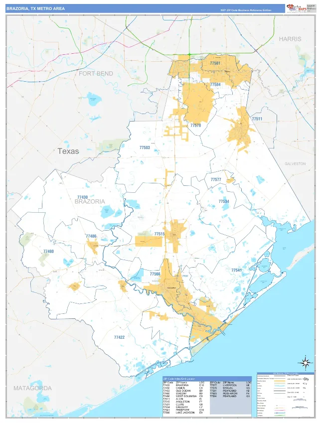 Brazoria Metro Area ZIP Code Wall Map, Business Reference style