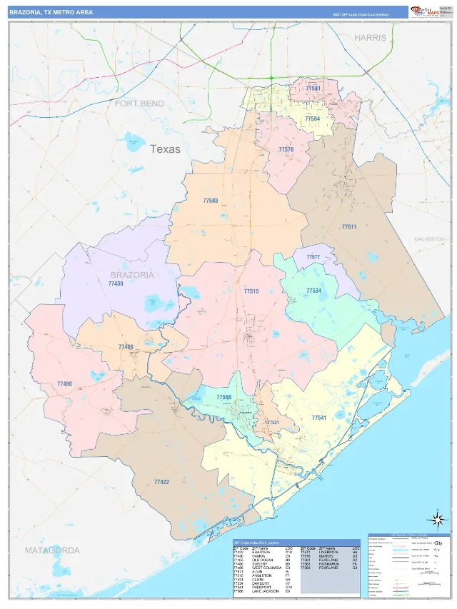 Brazoria Metro Area ZIP Code Wall Map, ColorCast style