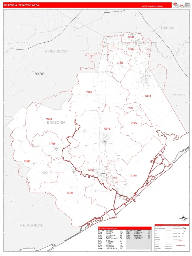 Brazoria Metro Area ZIP Code Wall Map, RedLine style