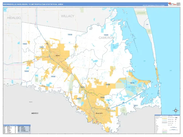 Brownsville-Harlingen Metro Area ZIP Code Wall Map, Business Reference style