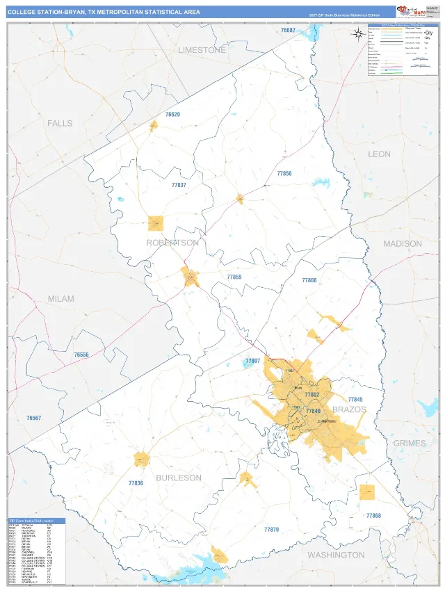 College Station-Bryan Metro Area ZIP Code Wall Map, Business Reference style