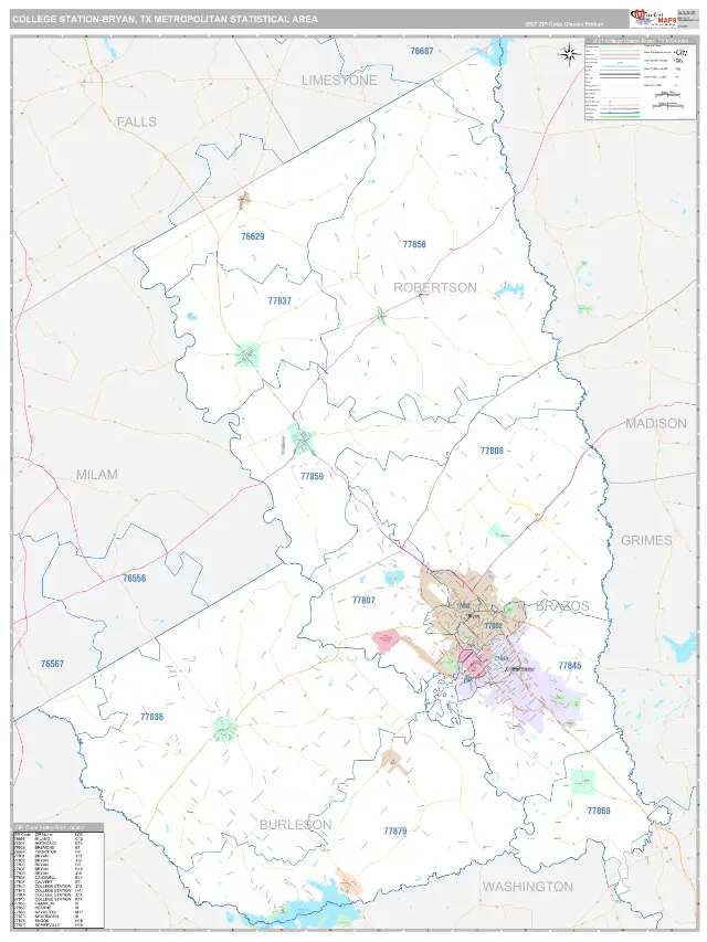 College Station-Bryan Metro Area ZIP Code Wall Map, Classic style