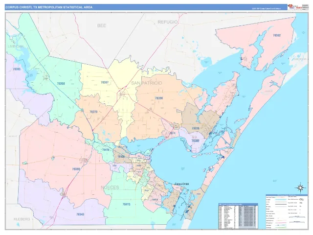 Corpus Christi Metro Area ZIP Code Wall Map, ColorCast style