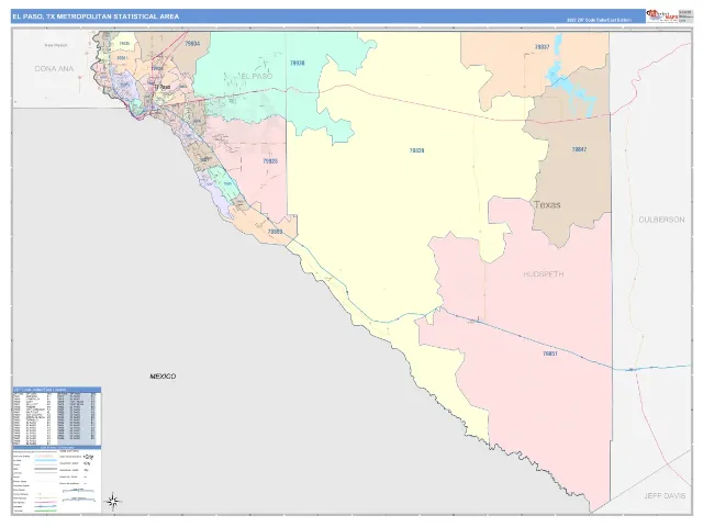 El Paso Metro Area ZIP Code Wall Map, ColorCast style