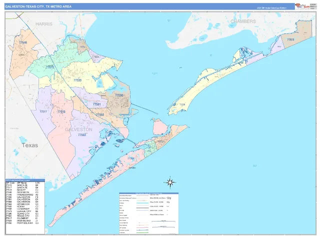 Galveston-Texas City Metro Area ZIP Code Wall Map, ColorCast style