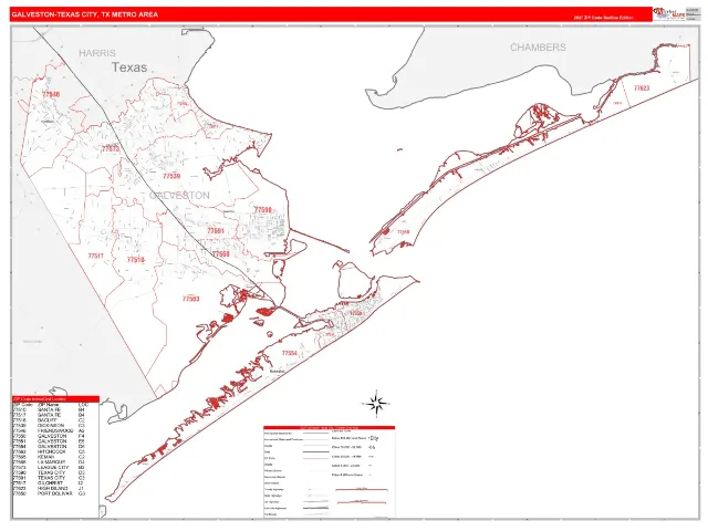 Galveston-Texas City Metro Area ZIP Code Wall Map, RedLine style