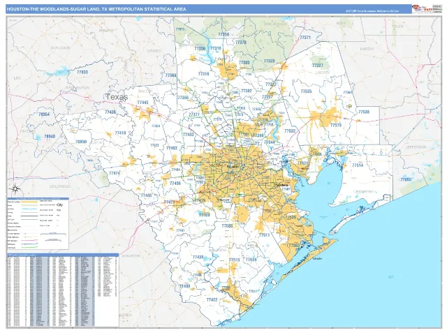 Houston-The Woodlands-Sugar Land Metro Area ZIP Code Wall Map, Business Reference style