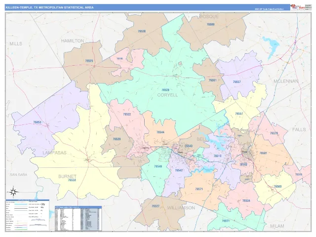 Killeen-Temple Metro Area ZIP Code Wall Map, ColorCast style