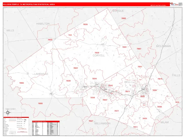 Killeen-Temple Metro Area ZIP Code Wall Map, RedLine style